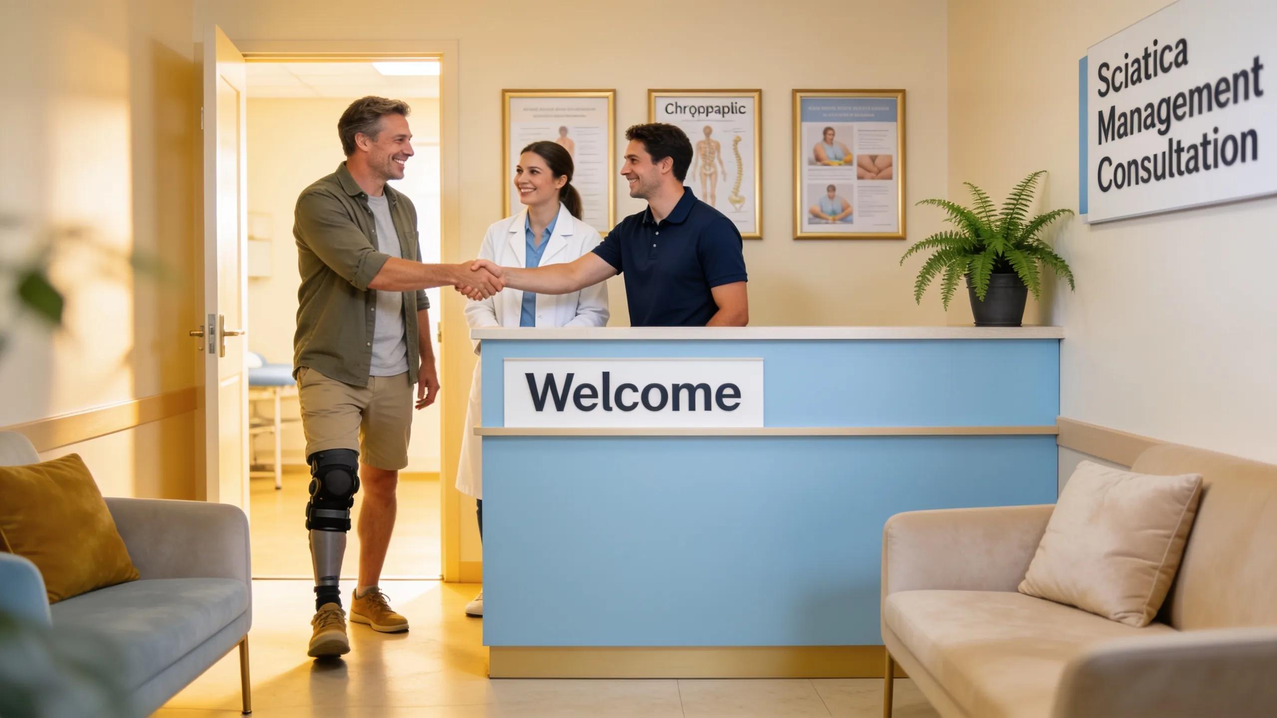Patient being welcomed at a chiropractic clinic reception for a first visit, highlighting a friendly and professional atmosphere