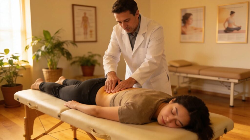 Chiropractor demonstrating back adjustment technique in a soothing clinic environment, focusing on sciatica pain relief